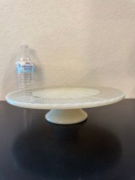 VTG Ivory Milk Glass Cake Plate/Stand W-Gold Fleur De Lis Design