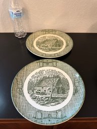 2 Vintage Royal China Old Grist Mill Pattern Green Dinner Plates