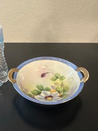 Nippon Morimura Hand Painted Purple & White Flowers & Blue & Gold Handled Bowl