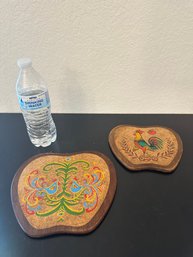 Vintage Cork & Wood Rooster Trivet Set - 1970s. Set Of 2