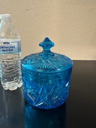 Kemple Blue Pressed Glass Covered Jar Yutec Pattern