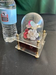 Vintage Twirly Butterflies On Flowers Waco Music Box Under Lucite Made In Japan