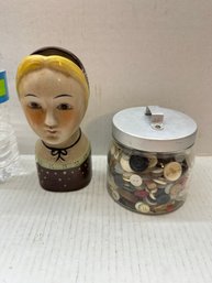 Vtg Lady Head Vase Blond Hair 9' Tall Gemma Taccogna Style Scandinavian Folk Art & Jar Of Buttons
