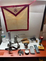 Lot Of Assorted Collectibles, Masons Apron, Tools, Etc