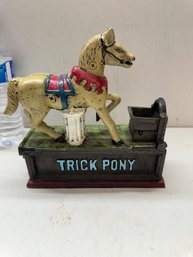 Vintage Reproduction Cast Iron Mechanical Bank Trick Pony