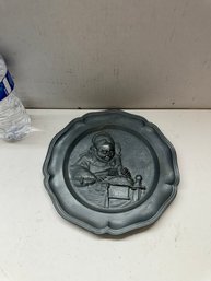 Vintage German Pewter Plate Woman Sewing Angel Hallmark Scallopped Rim