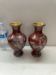 Vintage Pair Chinese Cloisonn Vases Brass Accent Multicolor Floral