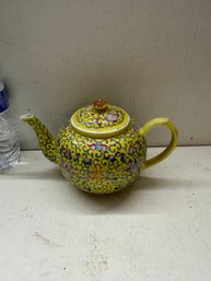 Vintage Chinese Yellow Floral Enamel Teapot