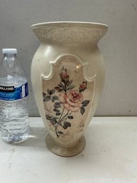 FTD Floral Cream Vase Embossed Floral Window Panel Long Stem Roses Rosebuds