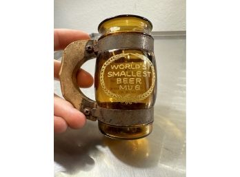 Vintage Worlds Smallest Beer Stein Amber Glass W/ Wood Handle