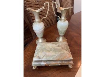 3pc Marble & Gold Trim Trinket Box & 2 Pitchers