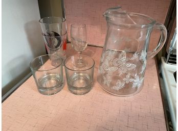 Lot Of 6 Pieces Of Assorted Glass- Pitcher- Cups, Etc