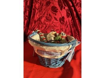 Blue Basket Full Of Assorted Christmas Ornaments