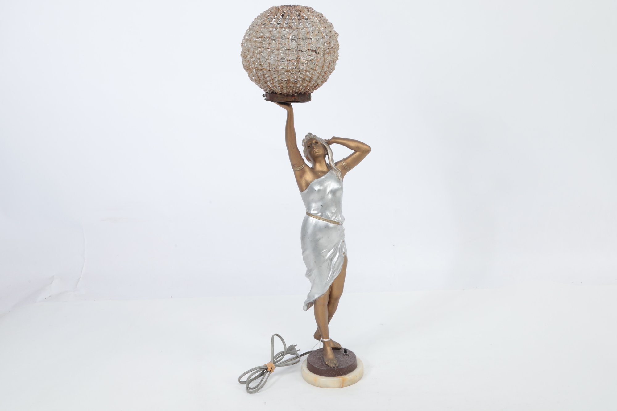 Antique Art Deco Figural Lamp W/Beaded Shade & Marble Base #186961 ...