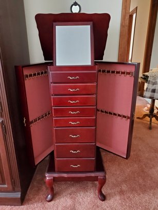 Floor Standing Wooden Jewelry Cabinet With Open Top, Drawers, Mirror