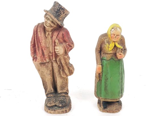 Antique Carved Wood Figures Jewish Woman And Violin Player Man