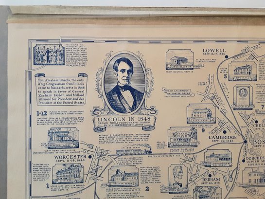 Pictorial Map 1948, 100th ANNIVERSARY OF  LINCOLN'S VISIT TO MASSACHUSETTS,   R. LUFKIN CARTOGRAPHER
