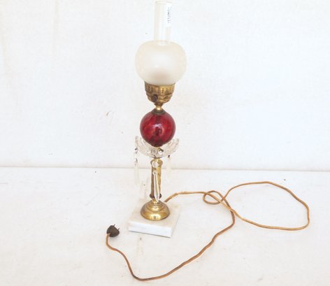 Antique Electrified Oil Lamp W/Cranberry Glass & Hanging Crystals