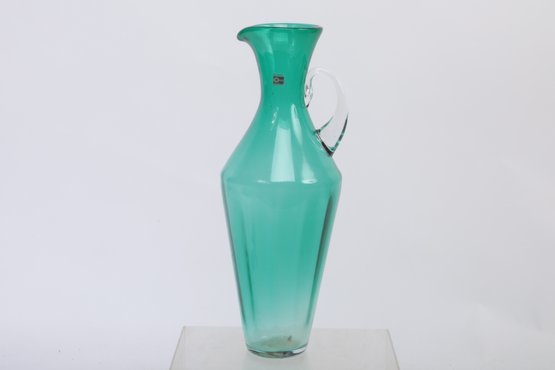 Large Blenko   Hand Blown Teal  Handled Vase
