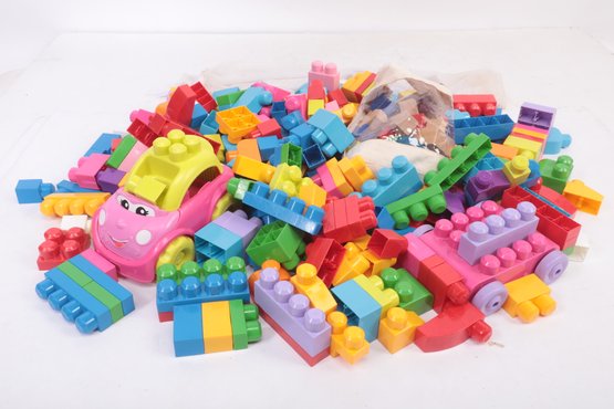 Large Assortment Of Mega Blocks/Duplos W/Bag Of Wood Toys