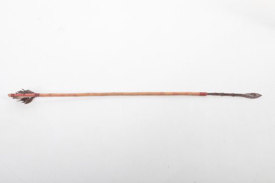 Early Hand Made Arrow With Wrought Arrow Head, Twig Wood Body, And Bird Feathers