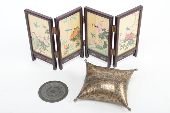 Grouping Of Antique Brass 'Pillow' Trinket Box, Mini Rosewood Silk Screen & Antq. Bronze/Silvered Mirror