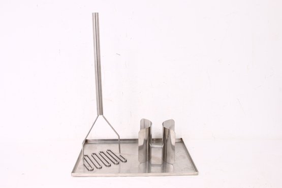 Group Of Made In Italy 18/10 Stainless Steel Food Tray With Large Masher And Wine Support Holder