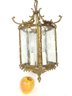 Vintage French Roccoco Brass 5 Panel Etched Glass Lantern Pendant Hall Light