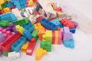 Large Assortment Of Mega Blocks/Duplos W/Bag Of Wood Toys