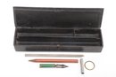 Circa 1900 Black Lacquer With Print Of Children Pencil Box With Contents