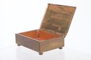 1920-30 Brass Covered Wood Cigarette Box - Scotty Dogs, Pipe Smoking Gentlemen, Moon & Star Decoration