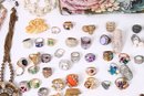 Large Group Of Costume Jewelry Including Many Rings, Necklaces & Storage Jewelry Boxes