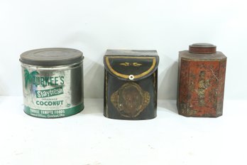 3 Vintage Tin Cans - Durkee's, Tea Can & Biscut Tin