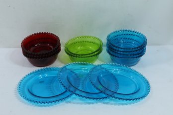 Group Of Colored Art Glass Bubble Bowls & Dishes