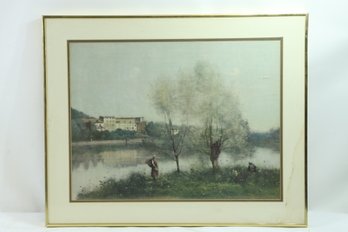 Art Oil Lithograph Signed Corot - Landscape A Shady Resting Place