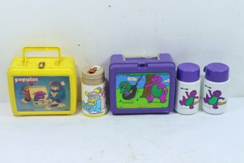 2  Vintage Plastic Lunchboxes Barneys Baby Bop & Popples With 3 Thermos