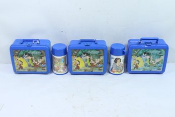 3 Vintage Plastic Lunchboxes Snow White & The Seven Dwarfs With 2 Thermos