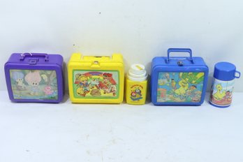 3 Vintage Plastic Lunchboxes Treasure Trolls, Rainbow Brite & Seasame St. With 2 Thermos