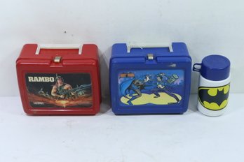 2 Vintage Aladdin Plastic Lunchbox's Rambo & Batman With Thermos