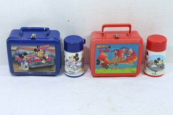 2 Vintage Mickey Mouse & Donald Aladdin Plastic Lunchbox's & 2 Thermos