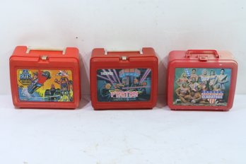 3 Vintage Thermos Plastic Lunchbox's Go Bots, Photon & American Gladiators