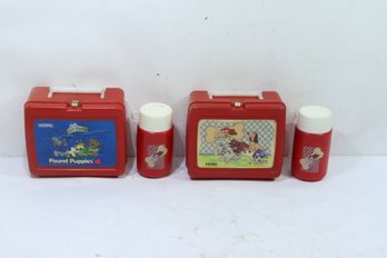 2 Vintage Pound Puppies Aladdin Plastic Lunchbox's  & 2 Thermos