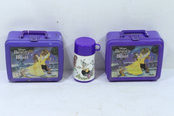 2 Vintage Beauty & The Beast Aladdin Plastic Lunchbox's & 1 Thermos
