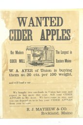 Antique *Wanted Cider Apples* Cardboard Sign From R.J Mayhew & Co. Rockland Maine