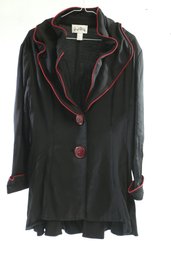 Vintage Joseph Ribkoff Womans Black And Red Ruffle Trim Button Front Jacket Size XL