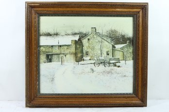 Vintage Un-Signed Print On Canvas Picture Of Barn Measures 31' X 27'