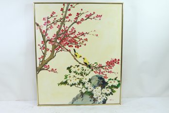 Vintage Oil On Canvas Plum Blossoms With Birds Signed MAW 30' X 26'