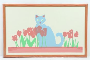Vintage Folk Art *Cat Moment* Framed Art Signed Judy Skinner