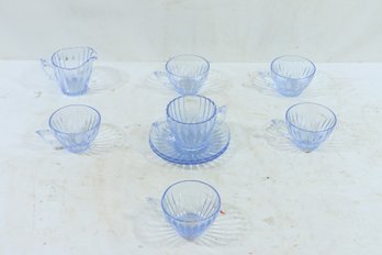 Group Of Vintage Blue Iridescent Tea Cups And Saucers