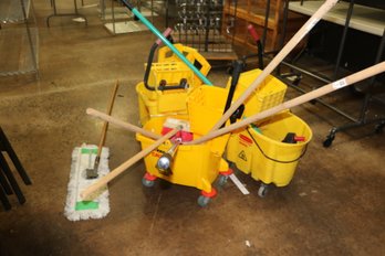 Group Of Mop Buckets, Signs And Other Cleaning Supplies